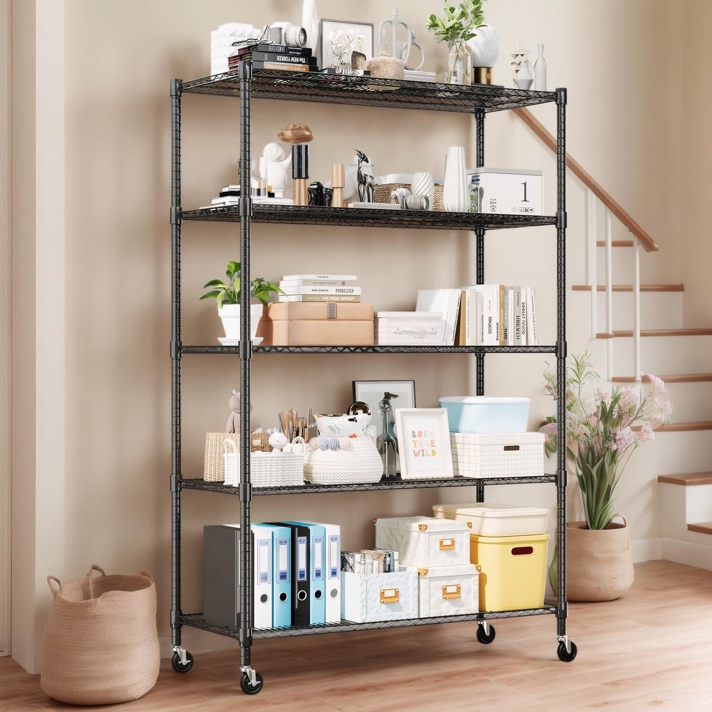 Himimi Storage Shelves 60"W Wire Shelving with Wheels 3250LBS Heavy Duty Metal Shelves for Storage, 5-Tier Adjustable Wire Rack Shelving Garage Shelving Kitchen Storage Shelves 24"Dx60"Wx82"H, Black