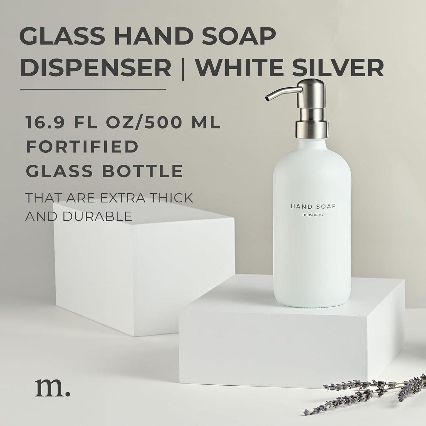 MaisoNovo Soap Dispenser 1-Piece Set | 16.9oz White Bottles with Silver Stainless Steel Pump