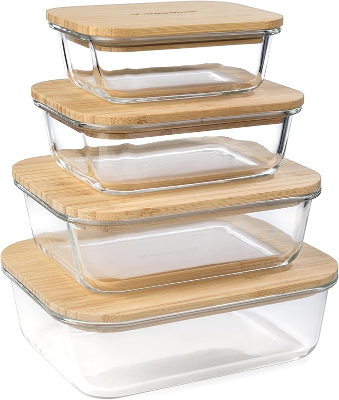 Natural Acacia Lids Set for Food Storage Glass Containers (4pcs) - Lids are compatible with all Glass Food Storage Containers Sets