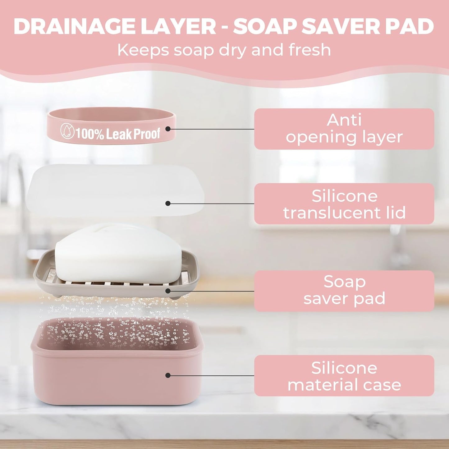 Compact Leakproof Travel Soap Case with Lid & Silicone Strap - Portable Draining Soap Bar Holder for Gym, Bathroom, Camping - Lightweight Silicone Soap Dish Container (Pink)