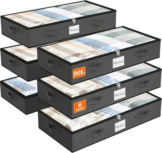 SpaceWhisper 90L Under Bed Storage Containers, 6-Pack Storage Bins with Clear Top, Foldable Closet Organizers and Storage with Label Holder for Clothing, Blankets, Comforter & Pillows (Grey)