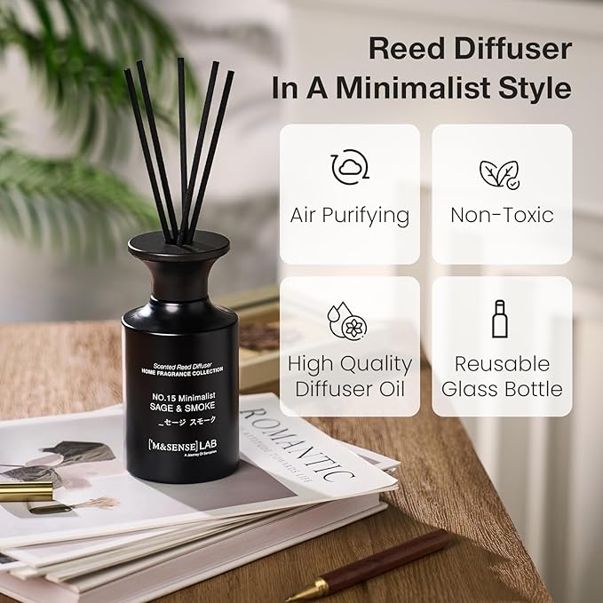 M&SENSE Minimalist Large Reed Diffuser 300ml, Sage & Smoke Scented with Natural Essential Oils, Long Lasting with 7 Sticks, Non-Toxic Home Fragrance for Bedroom, Bathroom Decor