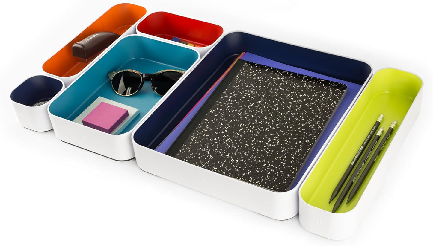 Three by Three Seattle 12 Piece Metal Organizer Tray Set for Storing Makeup, Stationery, Utensils, and More in Office Desk, Kitchen and Bathroom Drawers (Classic Colors)