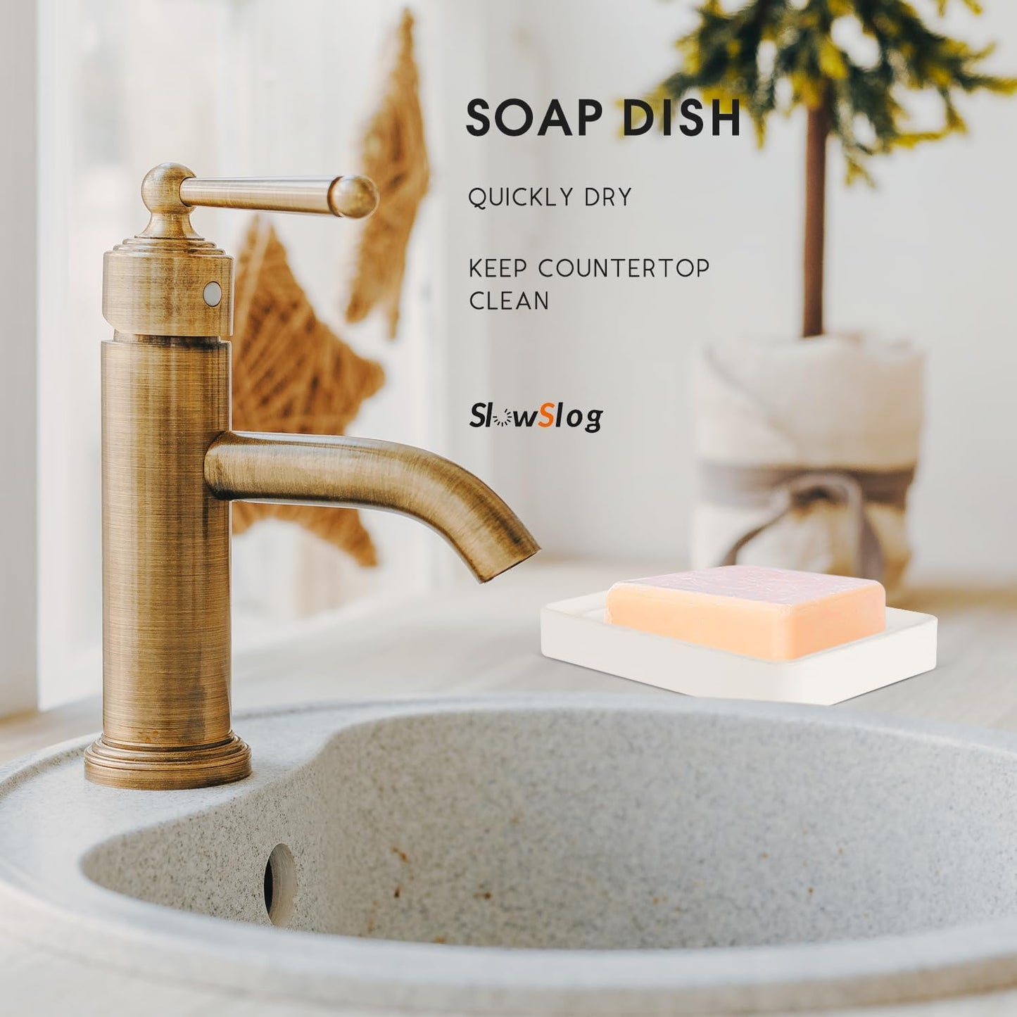 2 Pack Diatomite Soap Trays, Fast Drying Stone Soap Dishes, Natural Diatomaceous Earth Soap Holders, Quick-Dry Rectangular Soap Savers for Bath & Kitchen, White