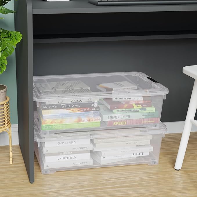 4 Pack Multipurpose 25 Qt Underbed Secure Latching Bin, Plastic Storage Container with Snap-On Lid and Wheels, Clear