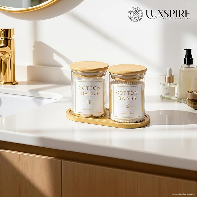 Luxspire Glass Qtip Holder with Vanity Tray, 2 Pack Cotton Swab Holder with Bamboo Lid, 13.4 oz Glass Apothecary Jars Bathroom Accessories Canisters for Cotton Swabs, Balls, Pads, Floss Picks