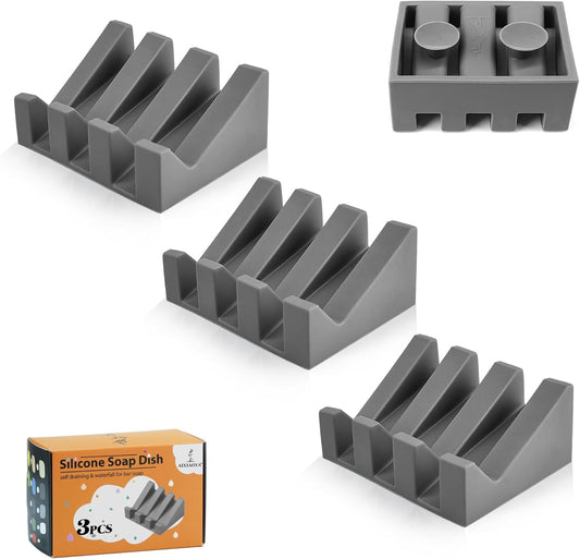 Silicone Soap Dish with Drain, Upgrade Double Suction Cups at The Bottom for Anti-Slip and Stability, Soap Dish Shower Waterfall Bar Soap Holder Tray with Drain Soap Holder (3, Grey)