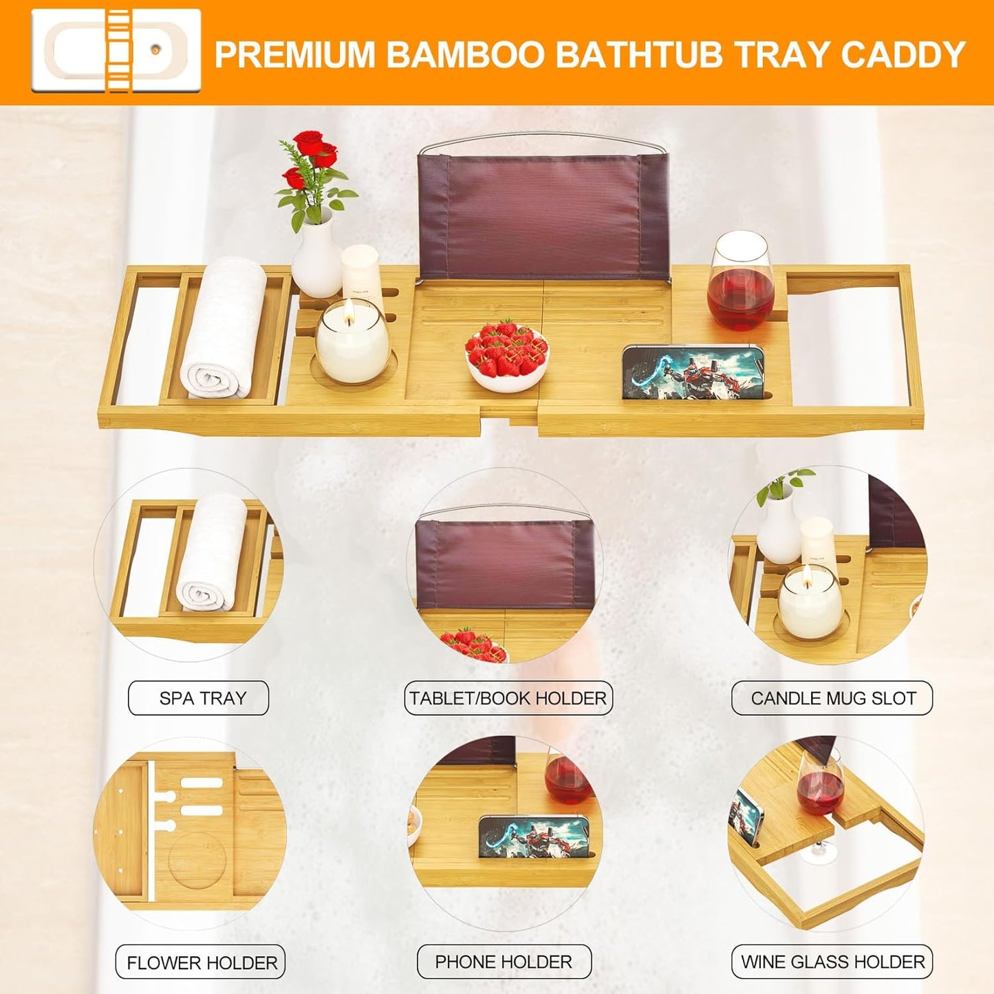 Premium Bathtub Tray Caddy - Bath Tray Expandable - Bath Tub Tray Table for Bathtub, Bamboo Wooden, Fits Most Bath Tubs