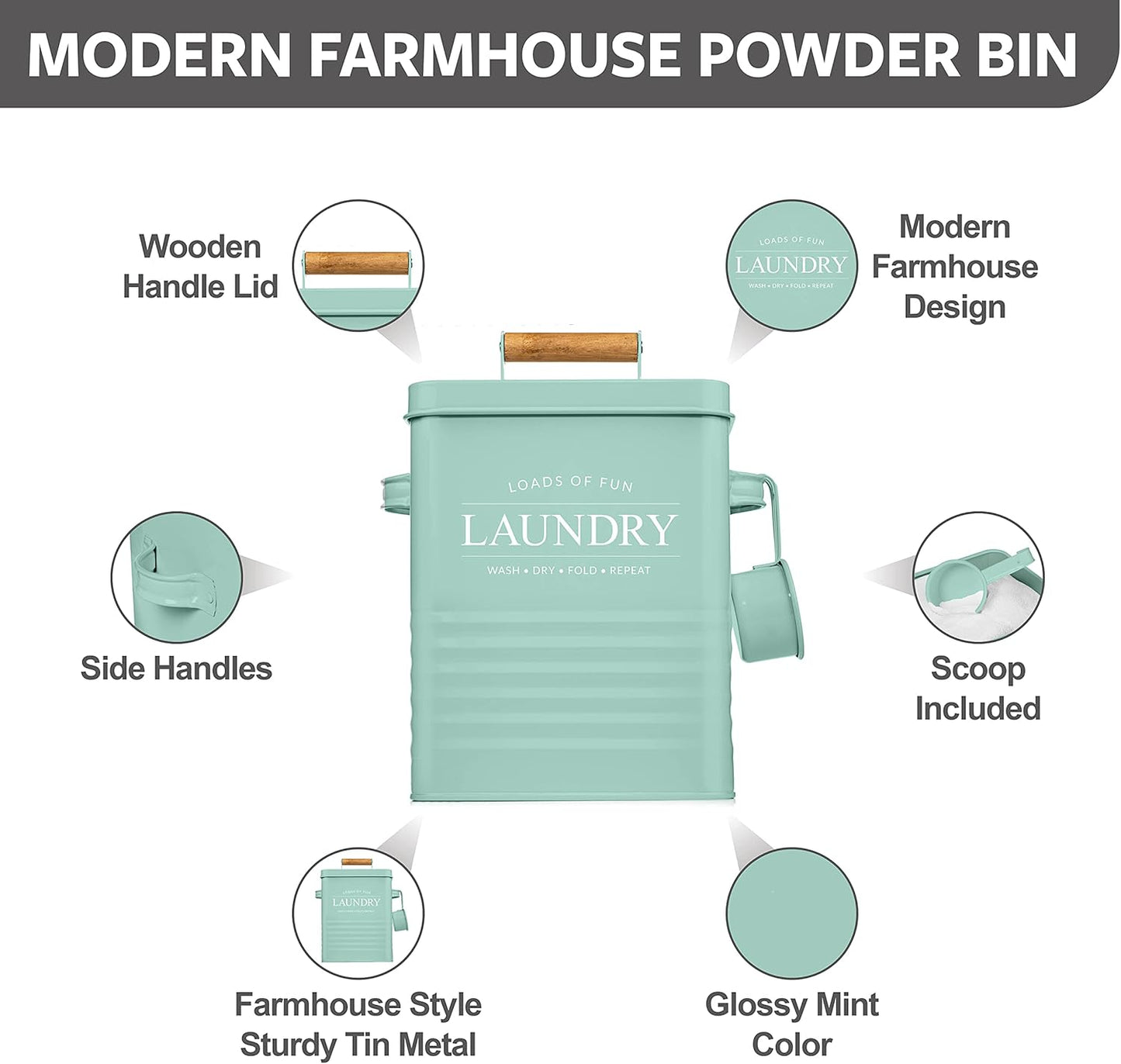 Calindiana Modern Farmhouse Metal Soap Dispenser with Scoop for Laundry Room Decor and Organization, Mint