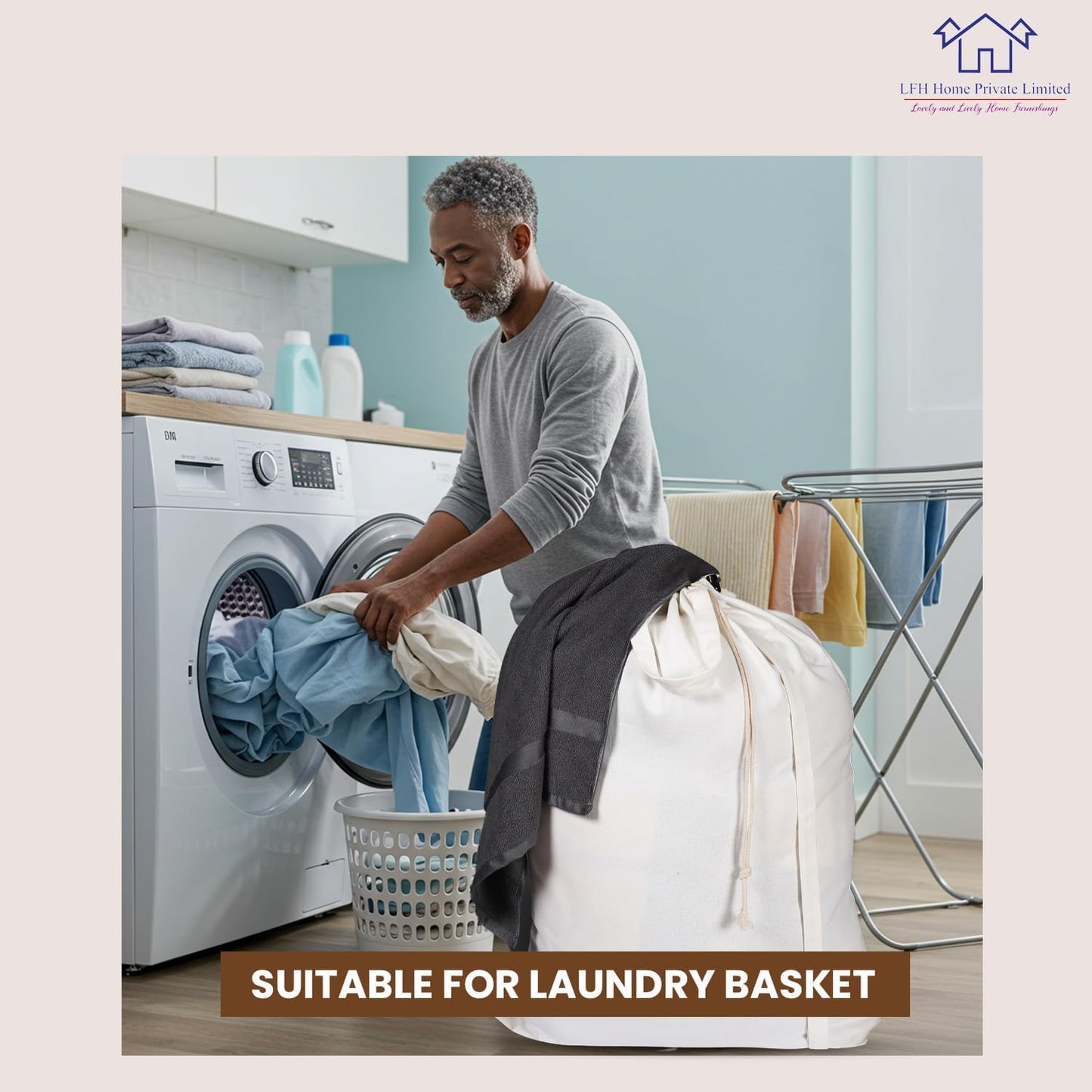 LFH Home Cotton Canvas Large Laundry Bag with Handle, Heavy Duty Drawstring Closure Washable Laundry Bags, School Travel, Home, Hotel, College Dorm, Organizer Sack, Toy Clothes 28x36 (Pack of 6)-White