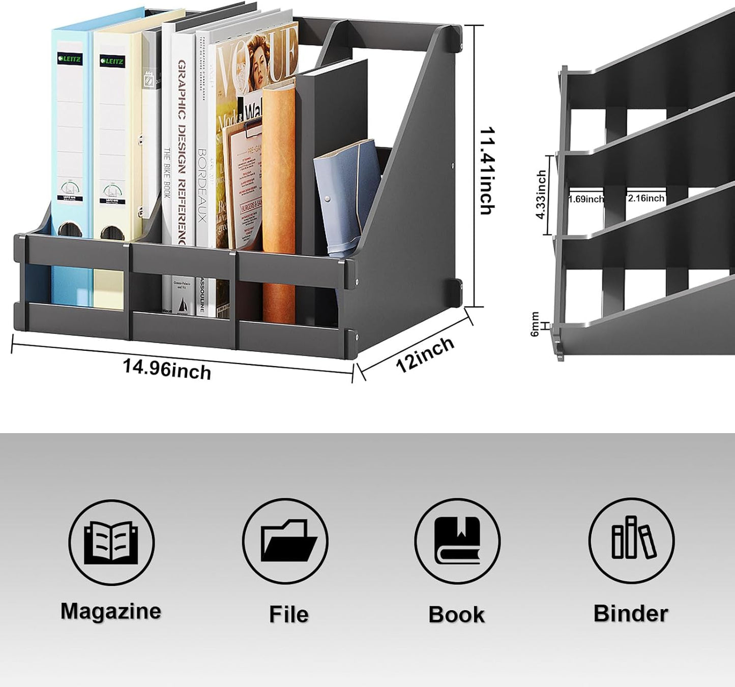 Bamboo Desktop Magazine Holder Desk File Organizer 3 Compartments Vertical File Dividers Book Holder Frames Document Cabinet Rack Storage Organizer Box for Home Office School Black (Black)