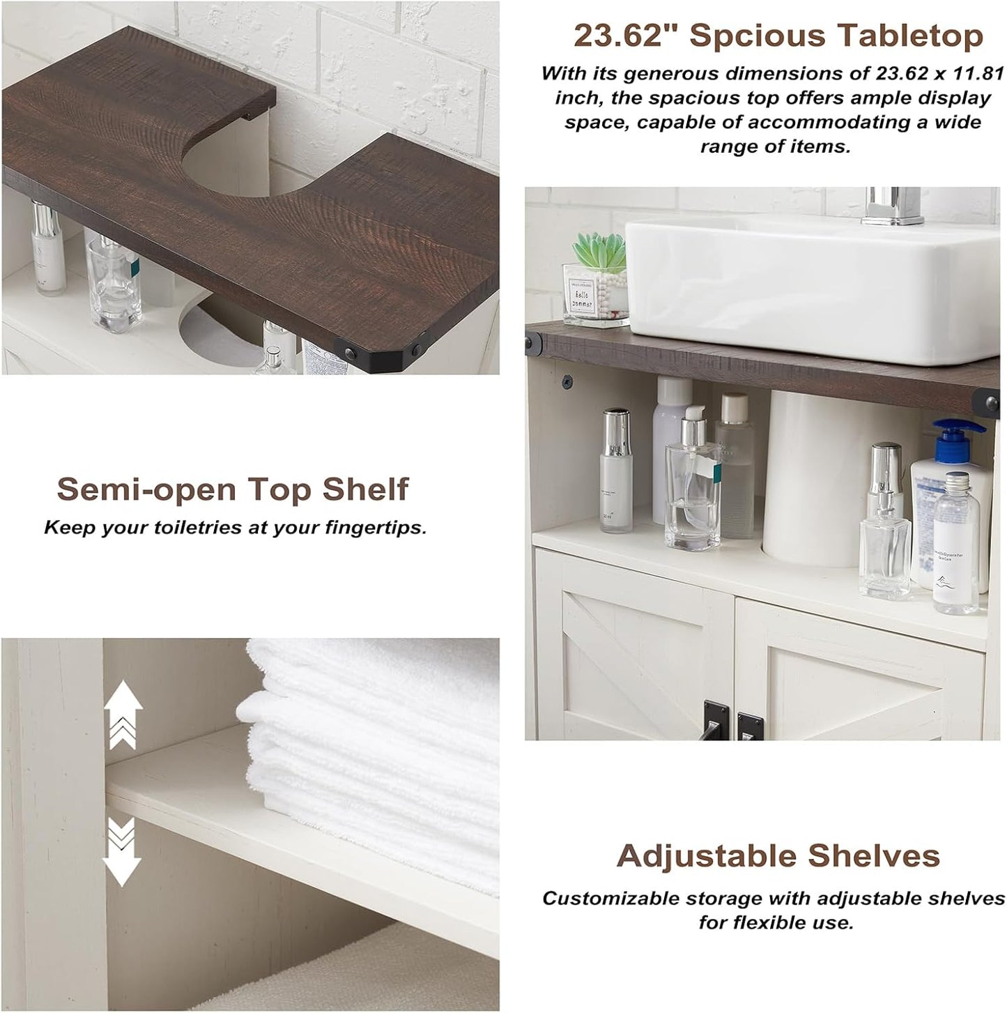 Bathroom Floor Cabinet, Farmhouse Storage Cabinet, Adjustable Shelf, Barn Doors, Cabinet for Bathroom, Kitchen, Living Room(Antique White)