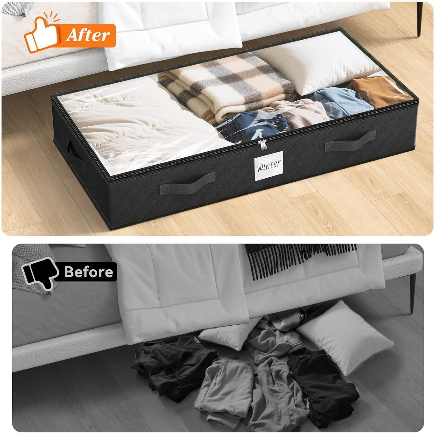 SpaceWhisper 90L Under Bed Storage Containers, 2-Pack Storage Bins with Clear Top, Foldable Closet Organizers and Storage with Label Holder for Clothing, Blankets, Comforter & Pillows(Black)