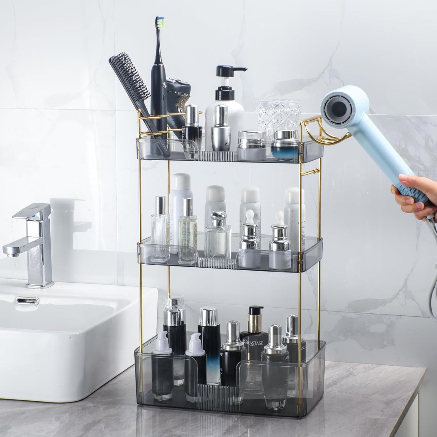 3 Tier Bathroom Organizer Countertop Makeup Perfume Tray Skincare Organizer Comes with Hair Dryer Rack and Toothbrush Holder for Bathroom Dresser Vanity (Grey)