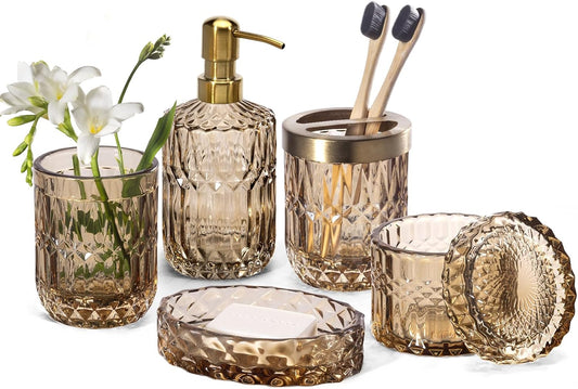 EMPO 6PCS Bathroom Clear Glass Accessories Set (Lotion Soap Dispenser, Soap Dish, Toothbrush Holder, Tumbler, Cotton Swab Jar), Contemporary Modern Decor Crystal Vintage Gift (6pcs Brown)