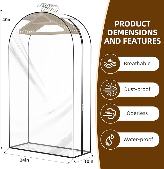 Upgraded Thickened Clear Garment Bags for Hanging Clothes 4 Packs, 10“ Gusseted and 40" Clothes Protectors for Hanging Clothes for Closet, Shirts, Coats, Dresses