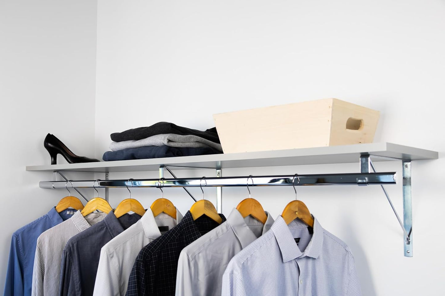 Custom Cut-to-Size Premium Wall-Mounted Shelf with Rod and Bracket Kit. 3/4" Thick Shelves, 14 inches deep. Customize The Length from 16" up to 72".