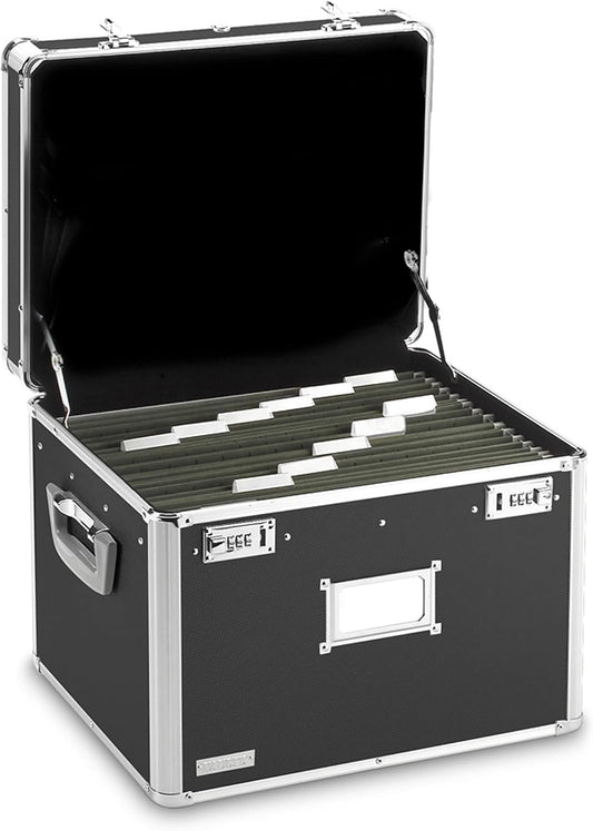 Vaultz Portable File Box - 17.5 x 14 x 12.5 Inch Legal/Letter Size Storage Box with Dual-Combination Locking for Document Filing and Organization,Black