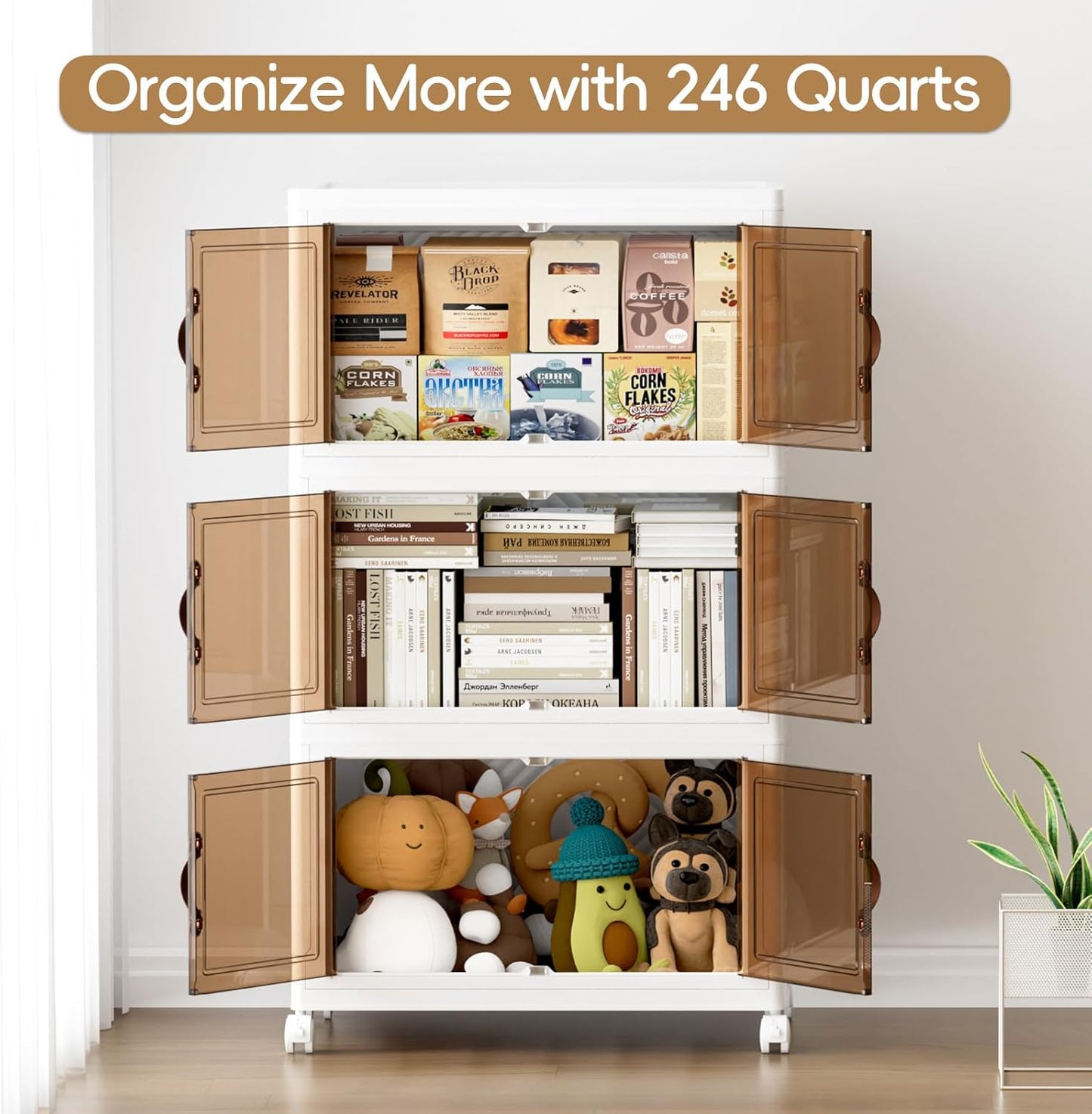 JEKO&JEKO 246Qt Stackable Storage Bins with Lids and Wheels, Foldable Collapsible Plastic Boxes for Clothes, Home, White, 3 Pack