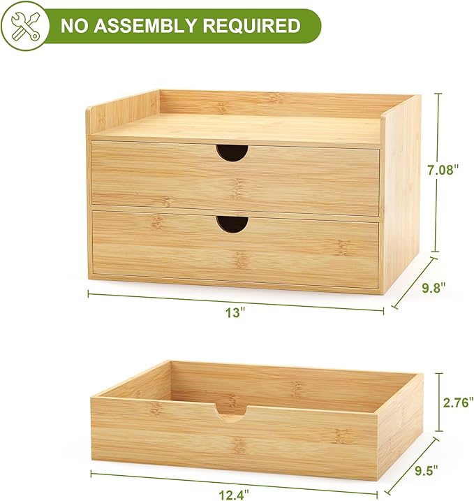 Bamboo Desk Drawer Organizer, Large Desktop Organizer with Drawers Tabletop Storage Organization Box for Office Home Toiletries Supplies Vanity, No Assembly Required (2 Drawer with Shelf)