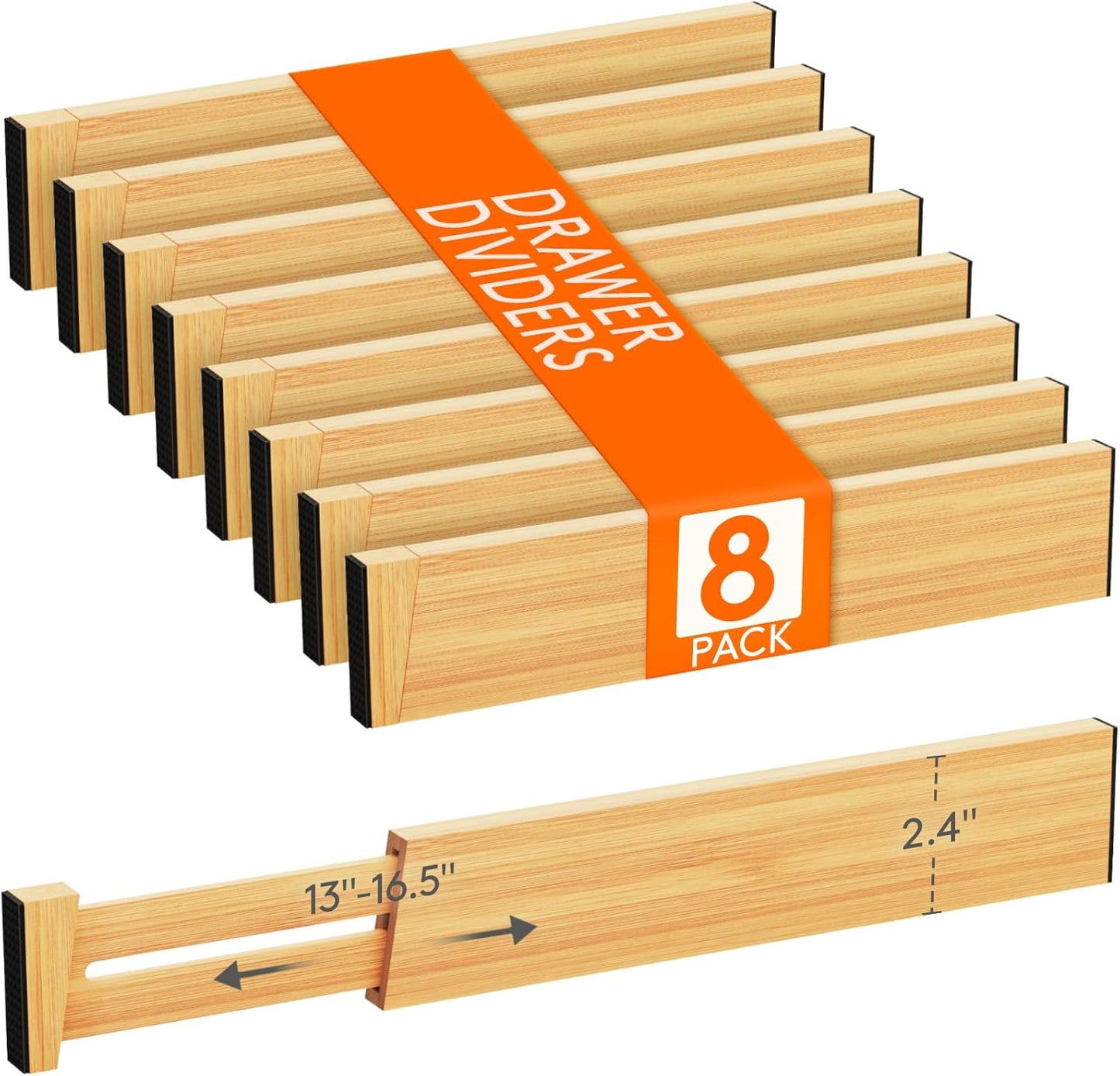 Lifewit 8 Pack Bamboo Drawer Dividers 2.4" High, 13-16.5" Kitchen Drawer Organizers, Adjustable Wooden Drawer Dividers for Clothes, Expandable Drawer Separators for Dresser, Bedroom, Bathroom, Cabinet