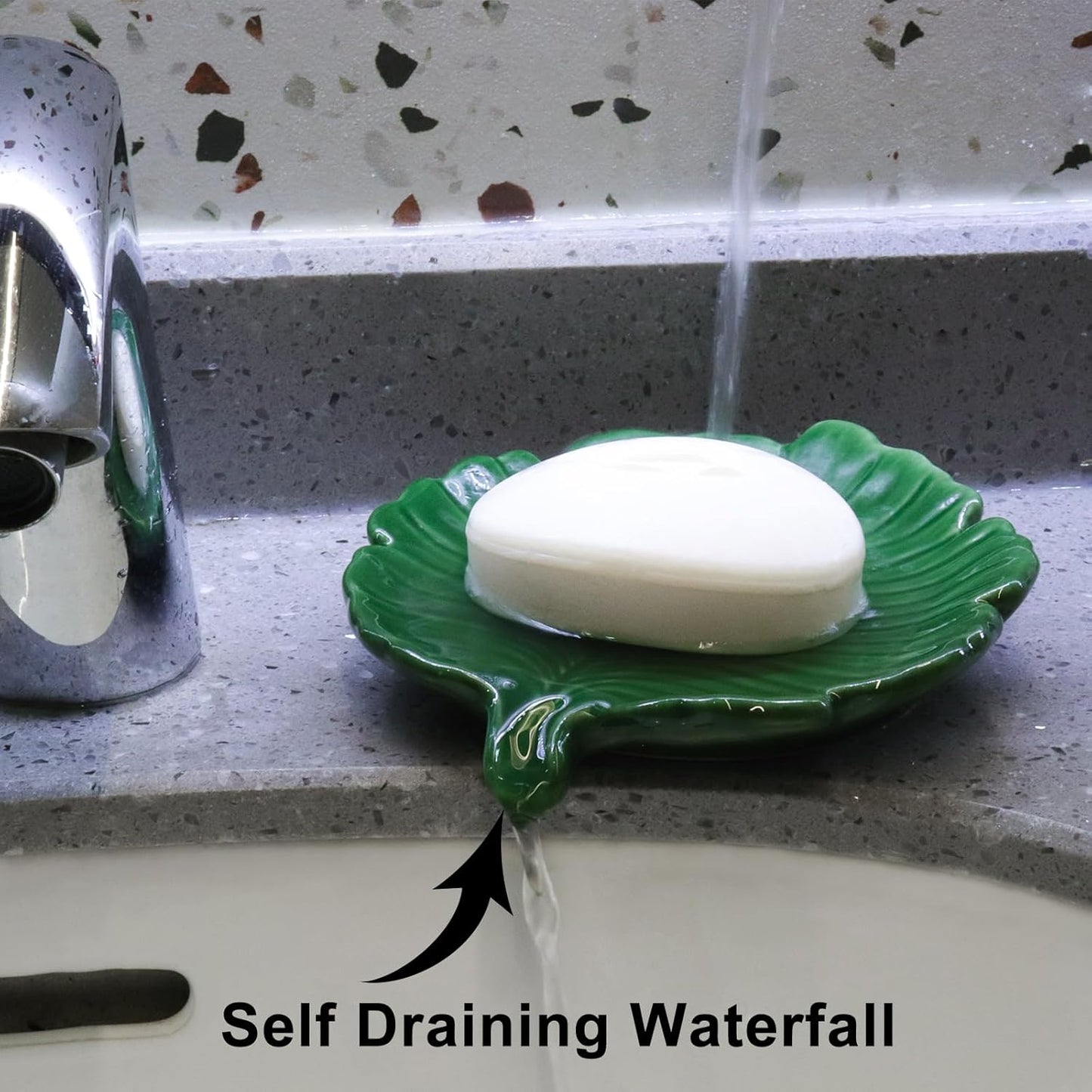 Elegant Bathroom Soap Dish,Ceramic Soap Dish Holder in Palm Leaf Style,Self-Draining Design for Bathroom