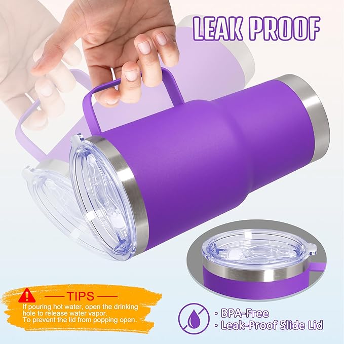 20 oz Tumbler with Handle and Lid, Stainless Steel Tumbler Insulated Travel Coffee Mug, Spill Proof Double Wall Vacuum Tumbler Cup Keep Drink Hot & Cold, Purple, 12 Pack