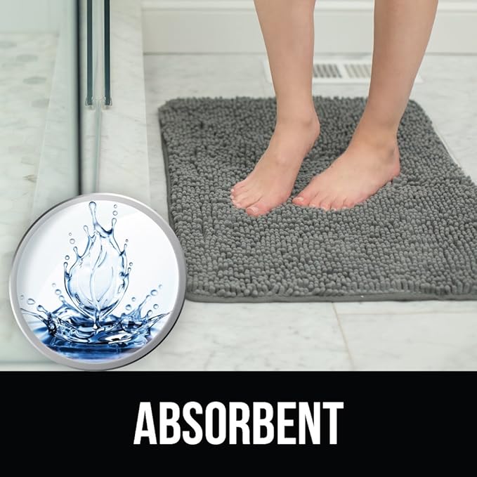 KANGAROO Bathroom Rugs, Chenille Soft Absorbent Bath Rug, Shaggy Shower Mat, Quick Dry Machine Wash Bathmat, Plush Carpet Mats for Tub, Bathtub and Room Home Decor Accessories, 36x24, Gray