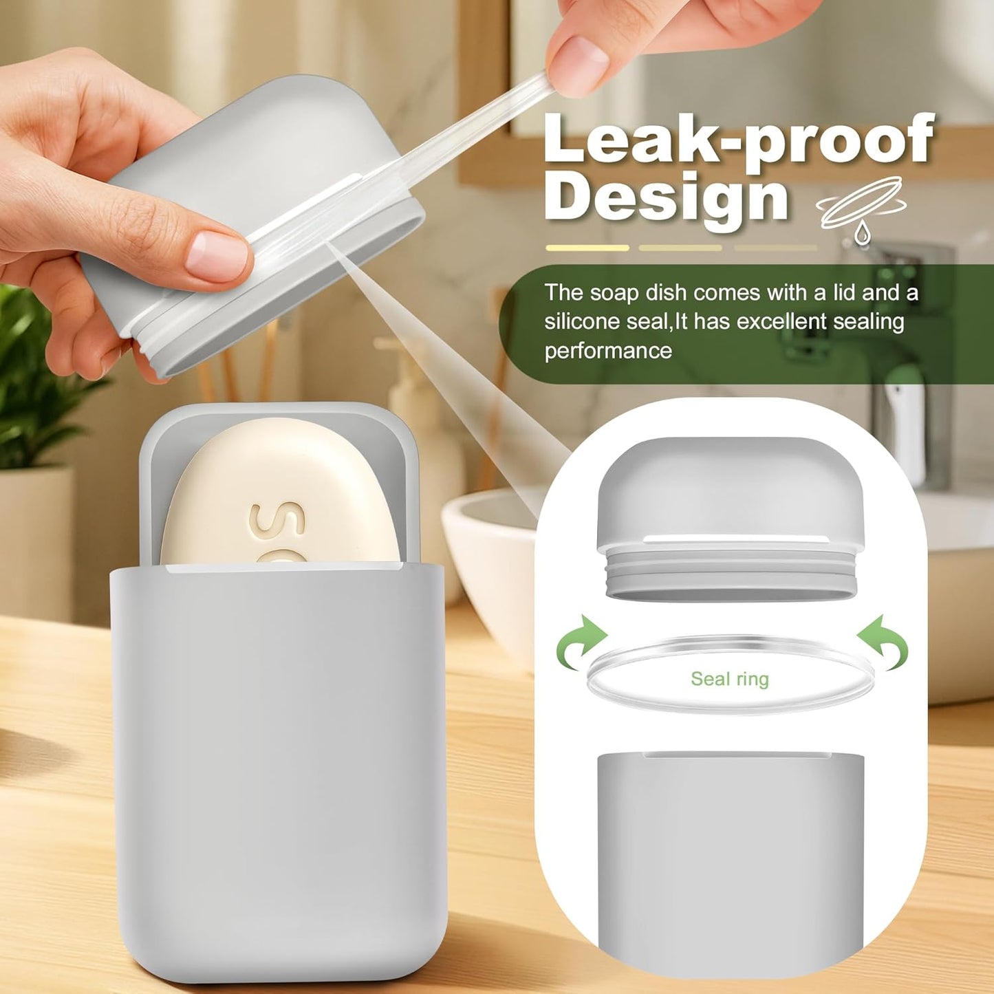 Travel Soap Case soap Holder,Leak Proof Soap Holder with Silicone Sealed lid,Keep Dry with Drainage Tray,Soap Dish for Travel, Gym, Bathroom, Outdoor, Camping, School (Gray)