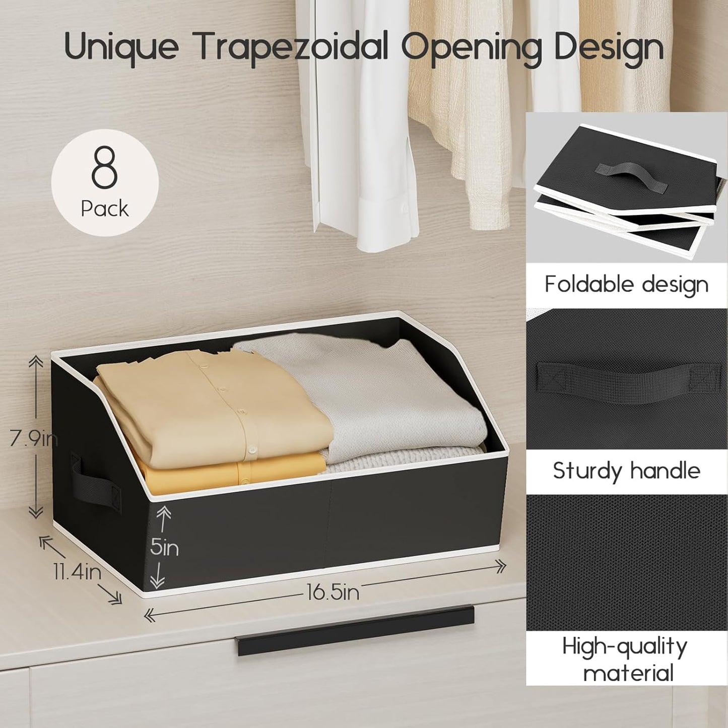 Large Closet Organizers and Storage Bins - 8 Pack Trapezoid Storage Baskets for Shelves, Foldable Fabric Baskets with Handles Ideal for Closet, Basket, Wardrobe and Shelf Storage, Black
