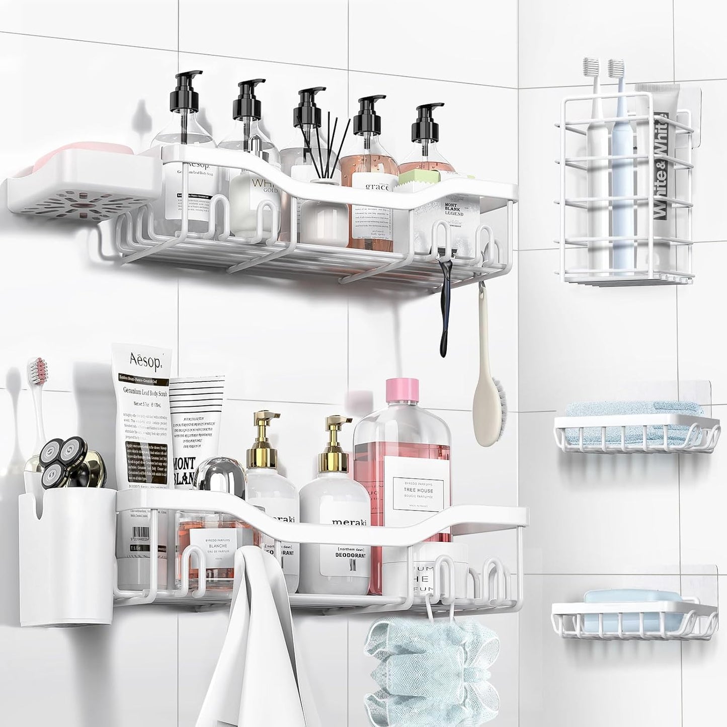 Shower Caddy Adhesive Shower Organizer 7-Pack, Rustproof Stainless Steel Bathroom Shelves, Large Capacity No-Drill Rack Storage Accessories with Soap Dish Toothbrush Holder Hooks (White)