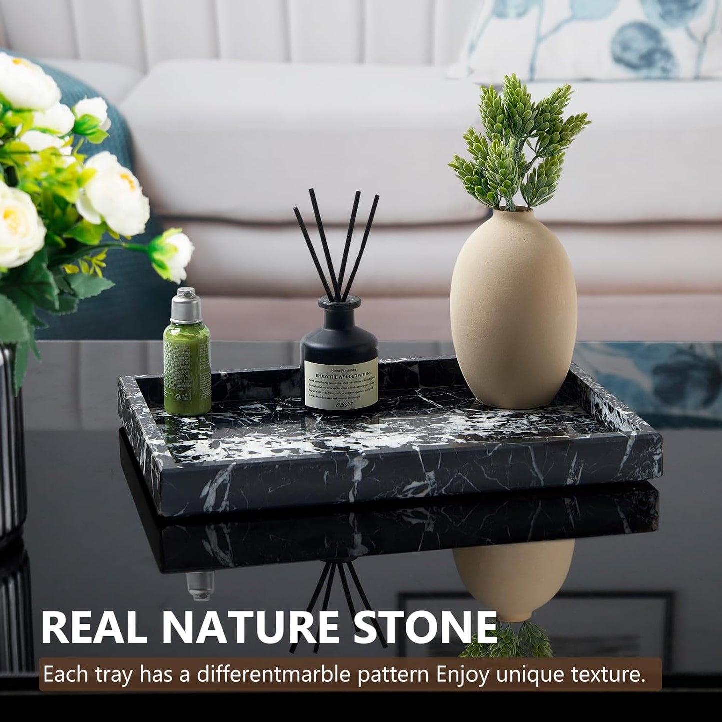 Real Natural Marble Tray for Bathroom, Vanity, Kitchen and Desktop, Rectangle Genuine Marble Stone Tray for Jewelry, Cosmetics, Candles, Lotion, Perfume and Home Decor (Black)