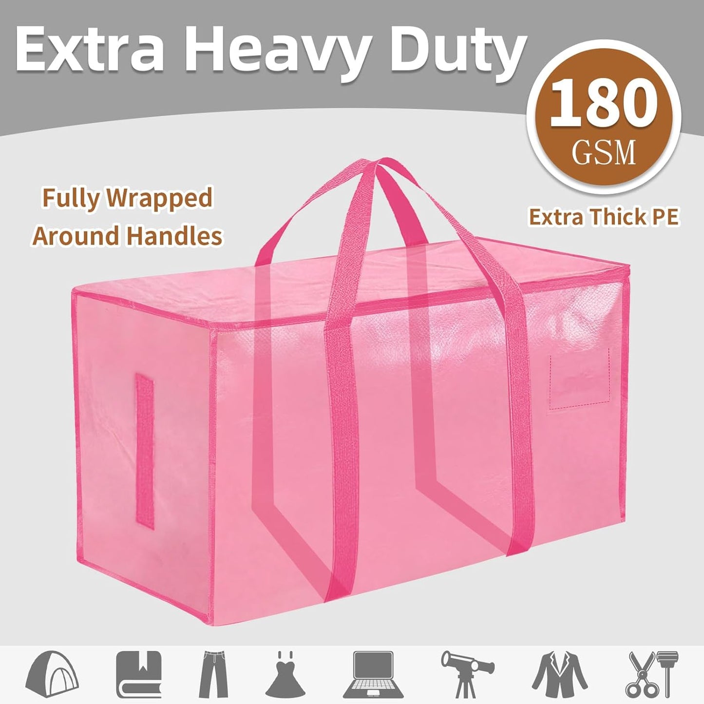 8 Pack-Extra Large Heavy Duty Moving Bags - Waterproof Storage Totes with Handles & Zippers, Foldable for College Dorm, Storage (Pink)