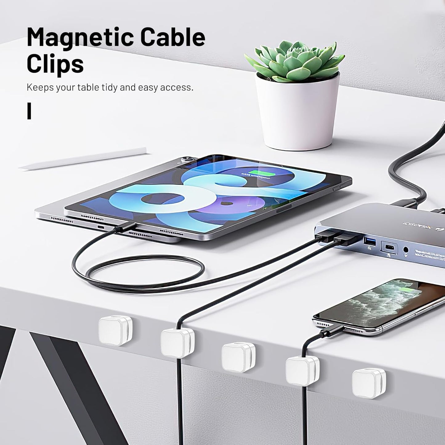 6 Pack Magnetic Cord Holder, Znben Cable Clips White Cord Organizer Holder Adhesive Cable Management Charger Wire Holder Clips for Desk, Car, Office, Home, Cubicle, Nightstand