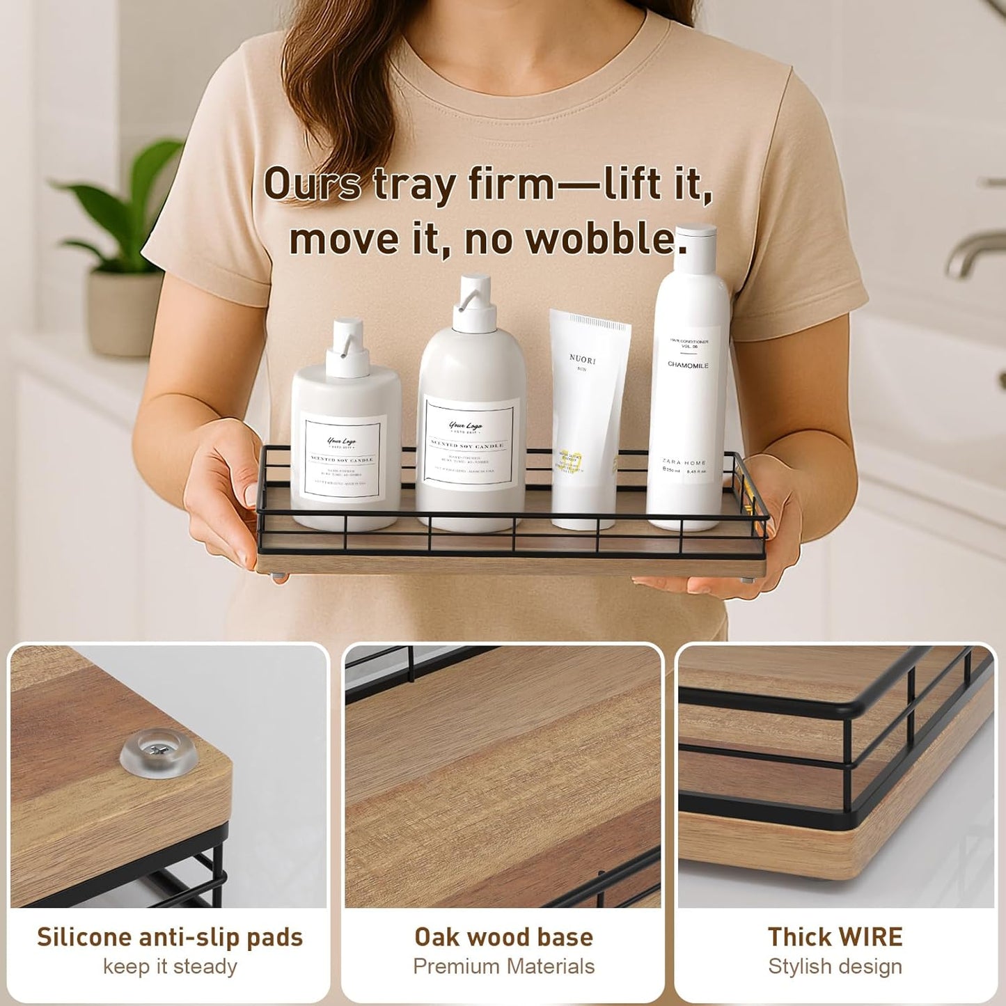 Toilet Paper Basket Organizer – Acacia Wood Toilet Tank Tray with Metal Frame, Back of Tank or Top Bathroom Counter Storage – Black & Acacia Modern Decor