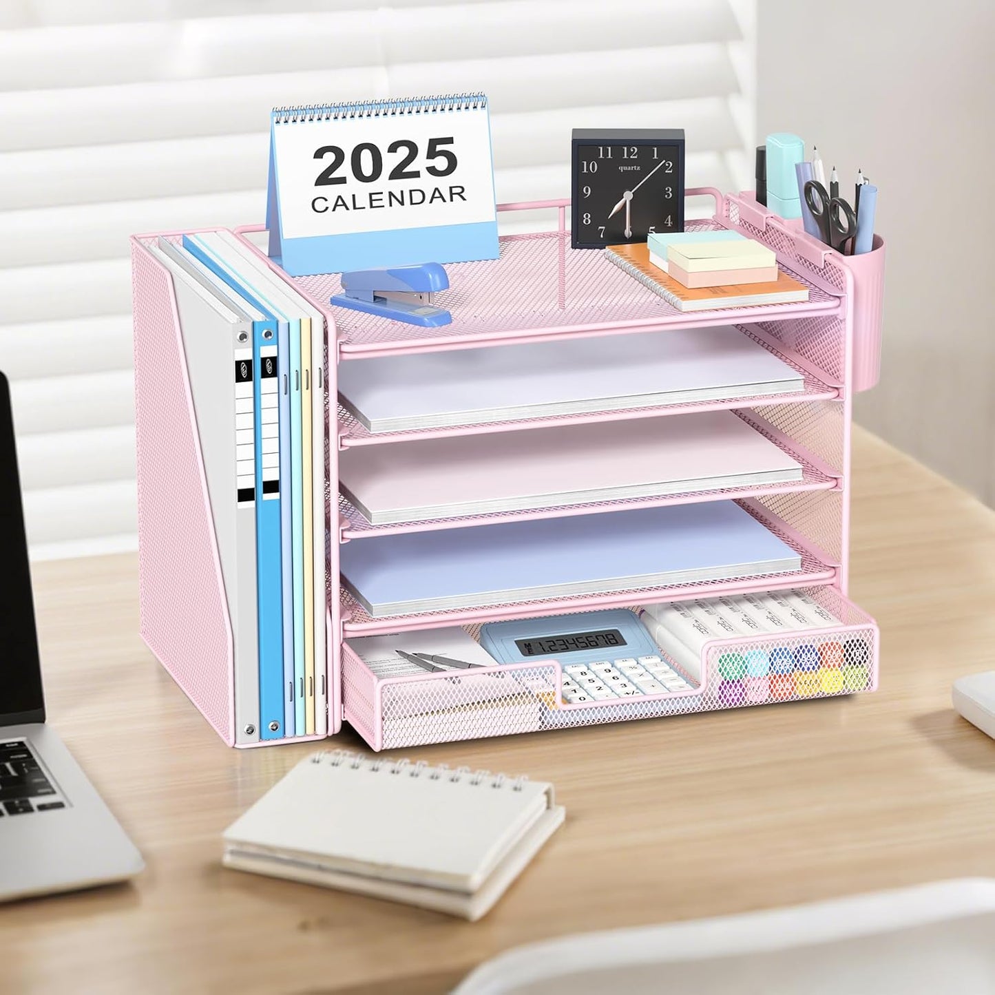 Desk Organizers and Accessories with File Holder, 5-Tier Office Desk Accessories & Workspace Desktop Organizer with Drawer and 2 Pen Holder, File Paper Organizer for Office Supplies(Pink)