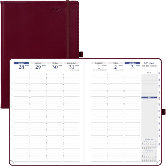 POPRUN 2026 Weekly Planner (A4 Size-8.25'' x 11.75''), 15-Minute Appointment Book (Jan 2026-Dec 2026) with Monthly Tabs, Inner Pockets, Pen Holder, PU Leather Softcover, 100GSM - Burgundy