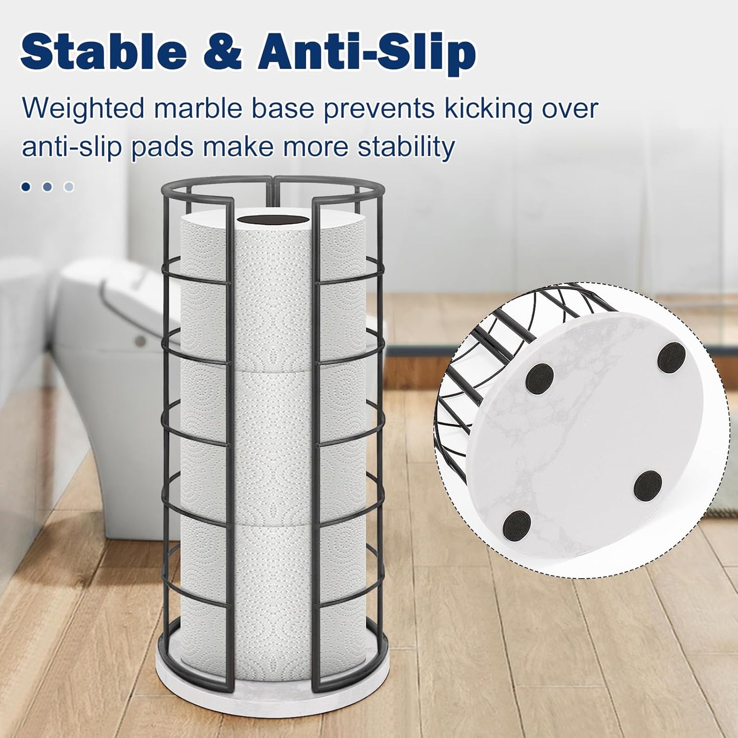 NearMoon Toilet Paper Organizer Stand, Free Standing 3 Rolls Tissue Storage, Metal Bathroom Accessory, Rustproof Toilet Roll Holder for Kitchen Countertop Inside Cabinet Shelf(Marble Base,Matte Black)