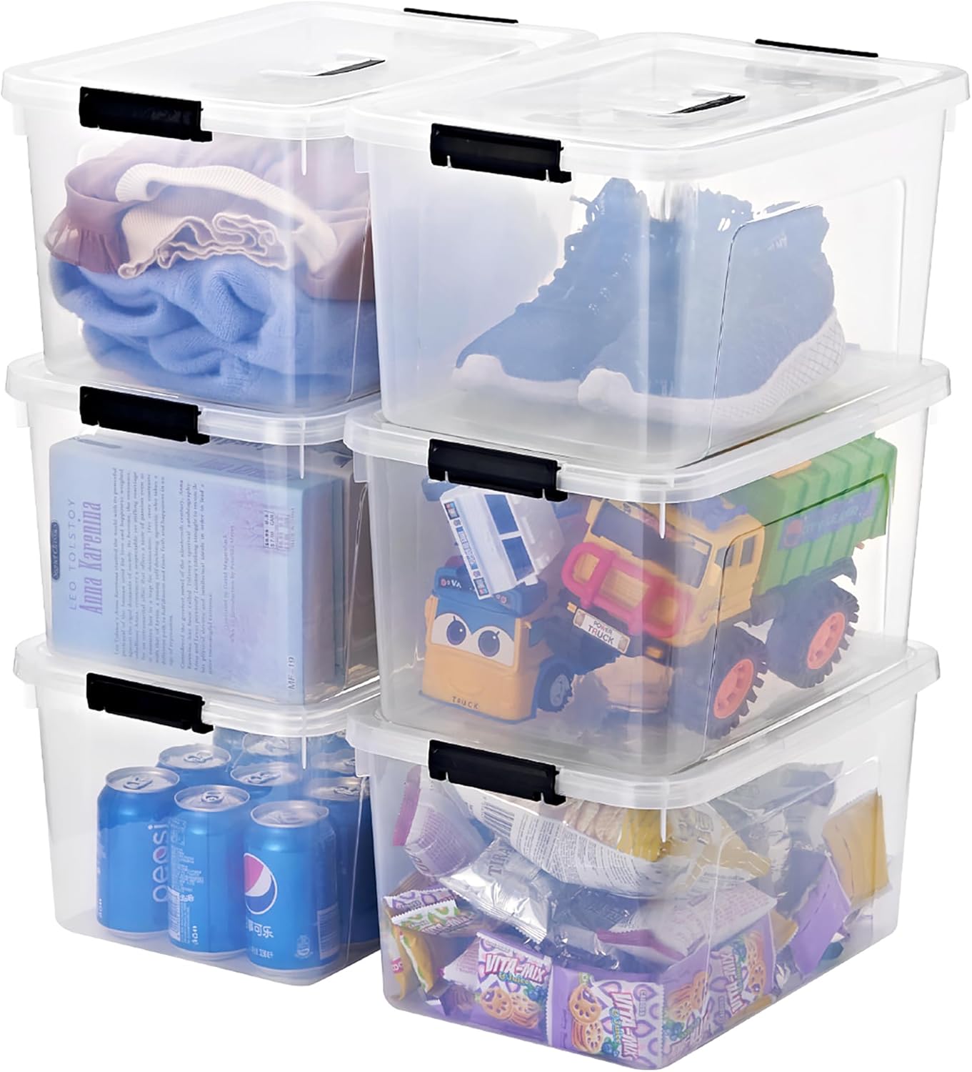 19 Quart Plastic Storage Bins with Lids, 6-Pack Stackable Clear Storage Organizing Box with Handle