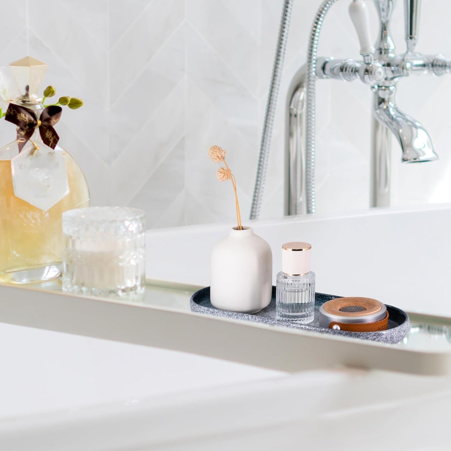 Large Ceramic Bathroom Vanity Tray, 10" Decorative Tray for Countertop, Soap Dispenser Tray for Kitchen Sink, Countertop Organizer for Jewelry, Cosmetics, Candles, Lotion and Perfume (Blue)