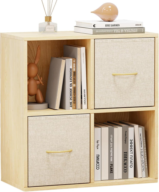 4 Cube Storage Organizer - Solid Wood Bookshelf with 2 Storage Bins, Cube Shelf with 2 Removable Back Panels, Vertical or Horizontal Bookcase, Open Book Shelf for Bedroom, Living Room, Office