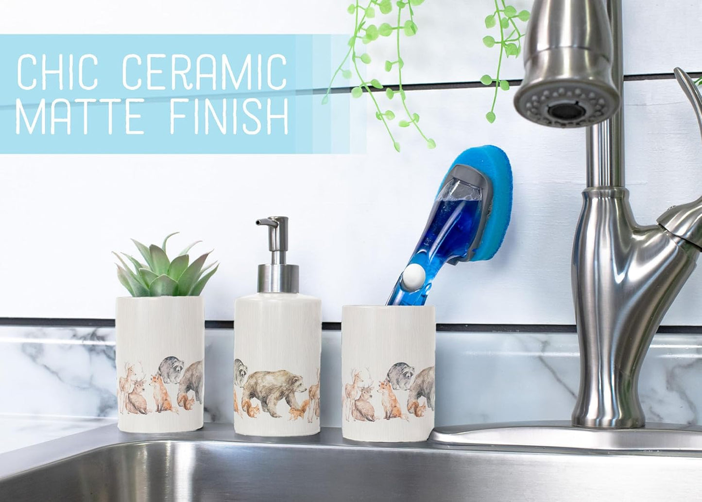 NAT & Jules Chic Modern Rounded 4.5 inch Ceramic Bathroom Accessories Set of 4 - Home Décor & Organization Perfect for Bath or Kitchen Household Essentials, Lodge Animals