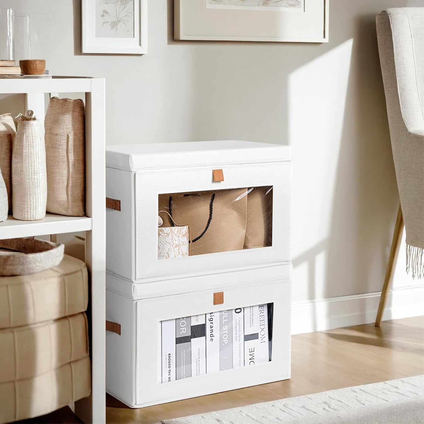 DIMJ Storage Bins with Lids - 6 Pack Large Fabric Closet Organizer with Window & Handles, Collapsible Decorative Storage Boxes for Shelves Under Bed, Books Clothes Blankets Sweaters Organization