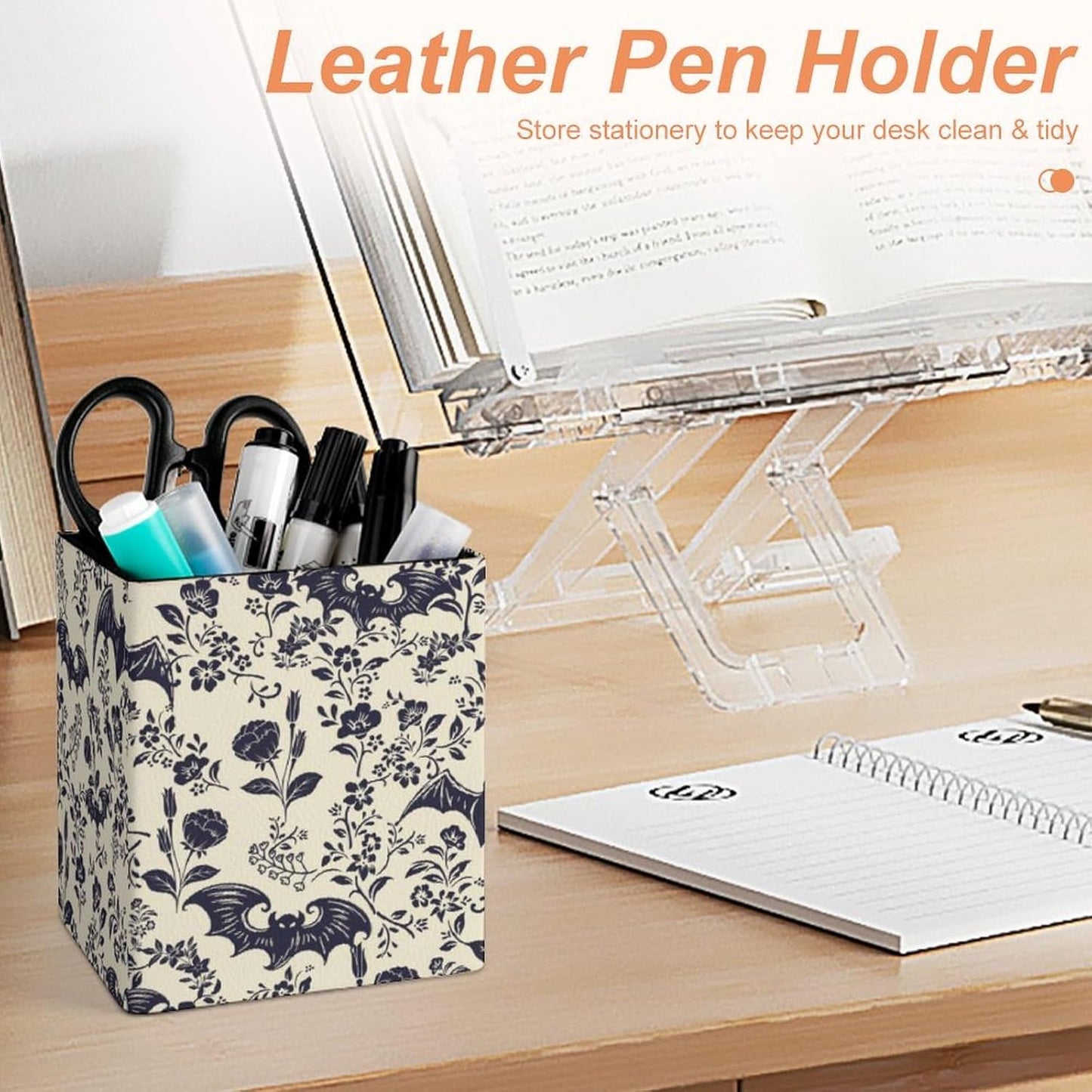 Square Pen Holder & Pencil Organizer for Desk - Office Storage Organizer, Markers/Makeup Brushes/Scissors Holder, Compact Desk Decor Accessories for Home Classroom School(Goth Bats)