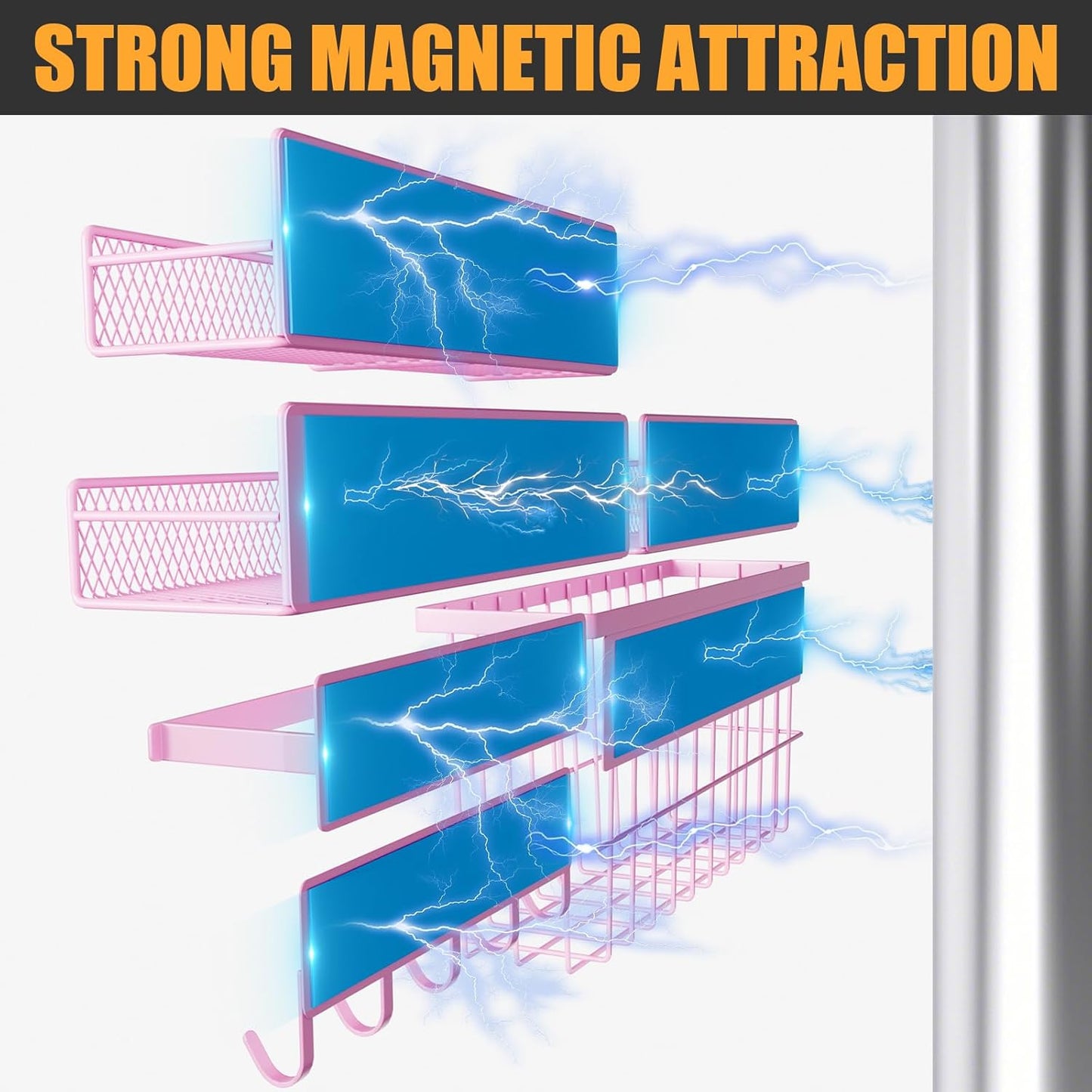 6-Pack Magnetic Shelves for Washing Machine & Refrigerator, Heavy-Duty Laundry Organizer with Hanger Holder & Deep Baskets, Metal Storage System for Laundry Room (Pink)