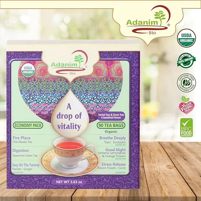 Adanim Bio Tea Sampler Gift Set Box, 6 Flavors Organic Herbal Tea Set, Total of 90 Tea Bags, Full of Aroma Scented Fragrance, Tea Lovers Gift Ideas For Christmas