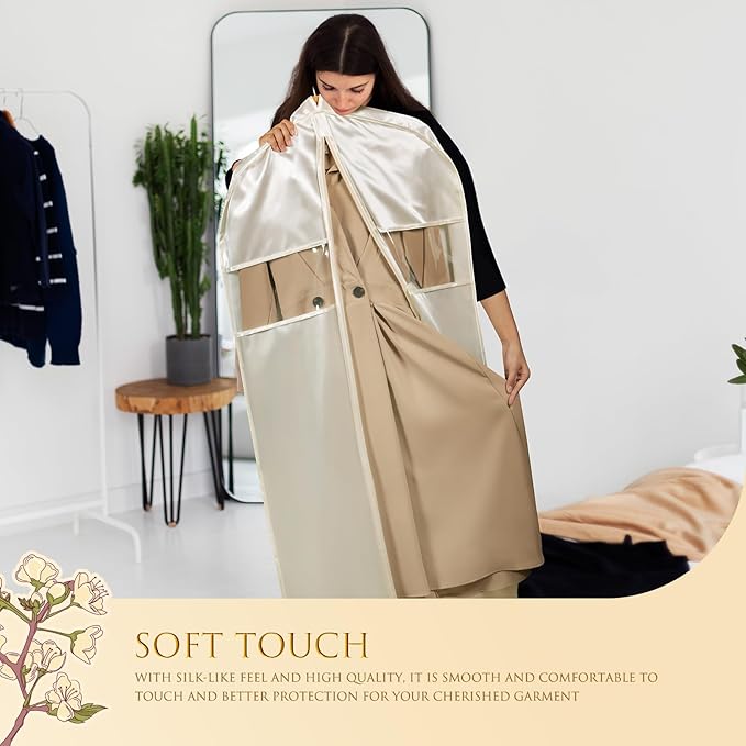 Univivi Super Soft Satin Garment Bags for Hanging Clothes, 60 Inch Zippered Dress Cover with Gussets, Breathable & Non-smell for Dresses, Coats, Jackets, Shirts, 2 Pack - Apricot