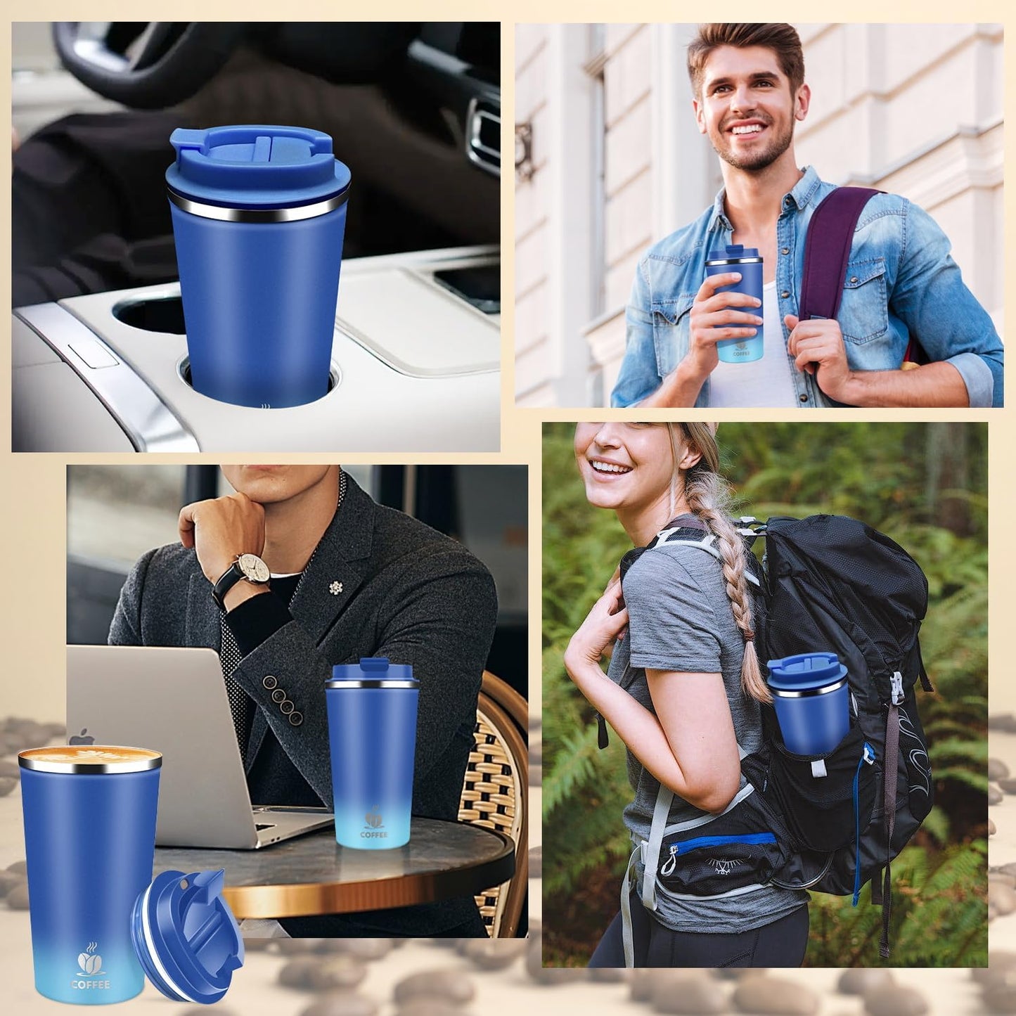 Insulated Travel Coffee Mug Reusable Coffee Tumbler Cup with Flip Lid Leak Proof Spill Proof for Office School Party Camping Hot and Cold Drink,Stainless Steel 17oz (Light Dark Blue)