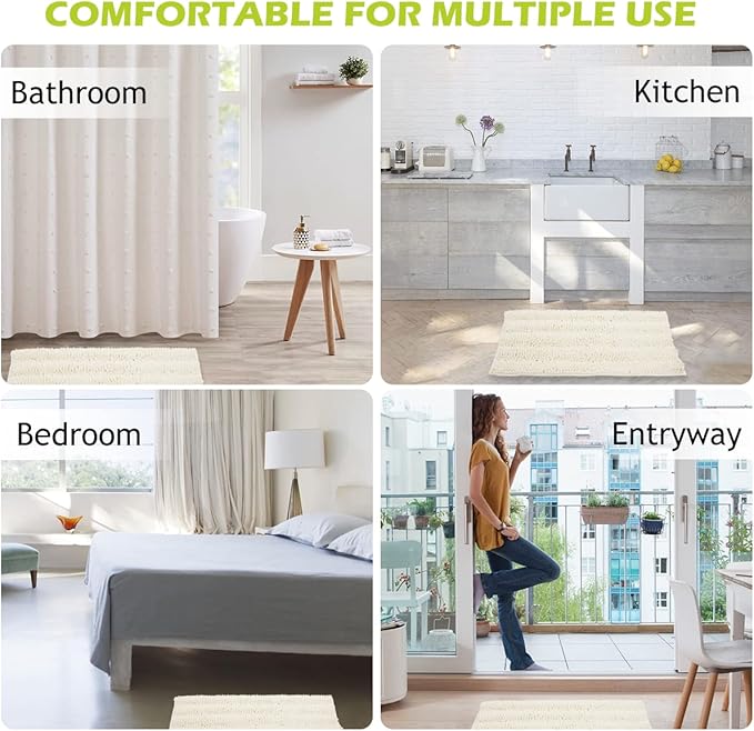 KGORGE Washable Bath Mats White Rugs for Bathroom - Chenille Anti-Skidding Water Absorbent Machine Quick Dry Kitchen Mats for Shower Bathtubs Bedroom, Cream, 20" W x 32" L, 1 Piece