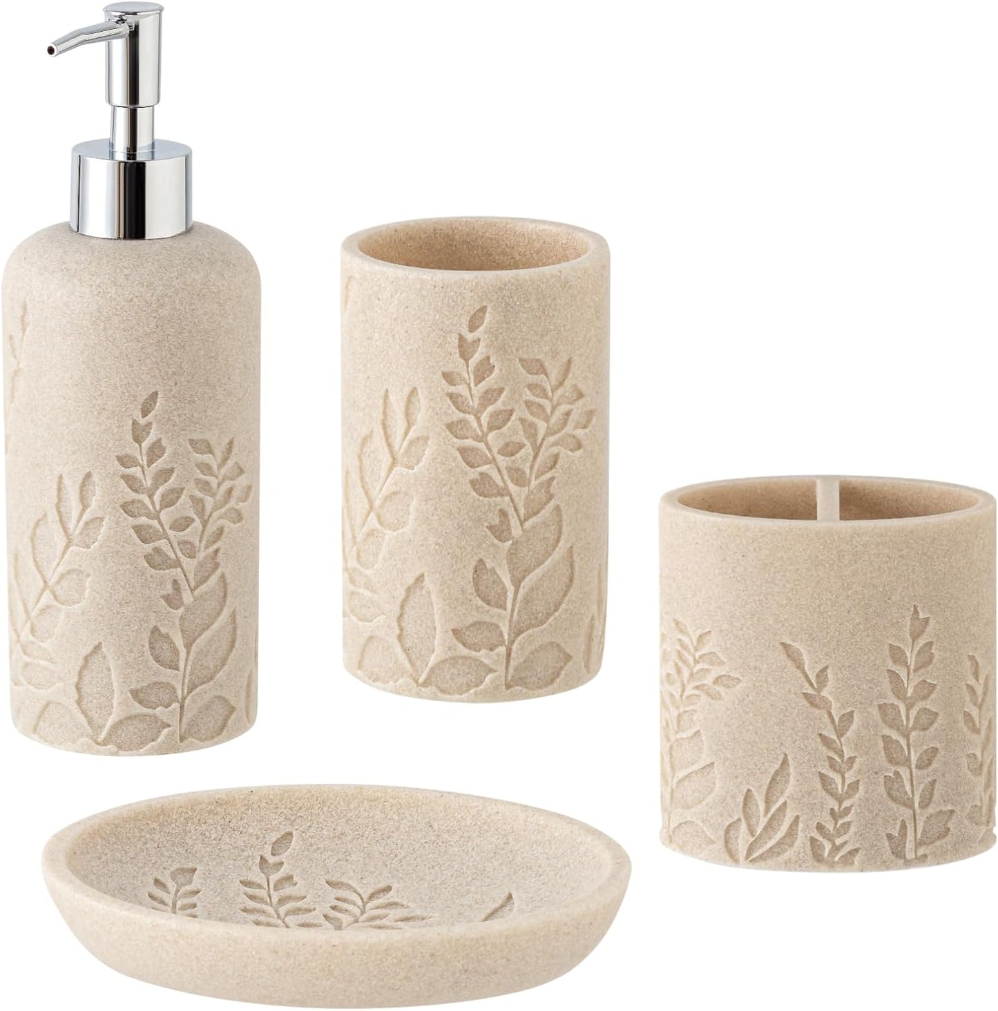Bathroom Accessories Set, 4 PCS Bathroom Accessory Sets with Soap Dispenser 13 OZ, Toothbrush Holder, Tumbler, Soap Dish, Bathroom Countertop Organizer, Sea Bathroom Decor (Leaf Beach)